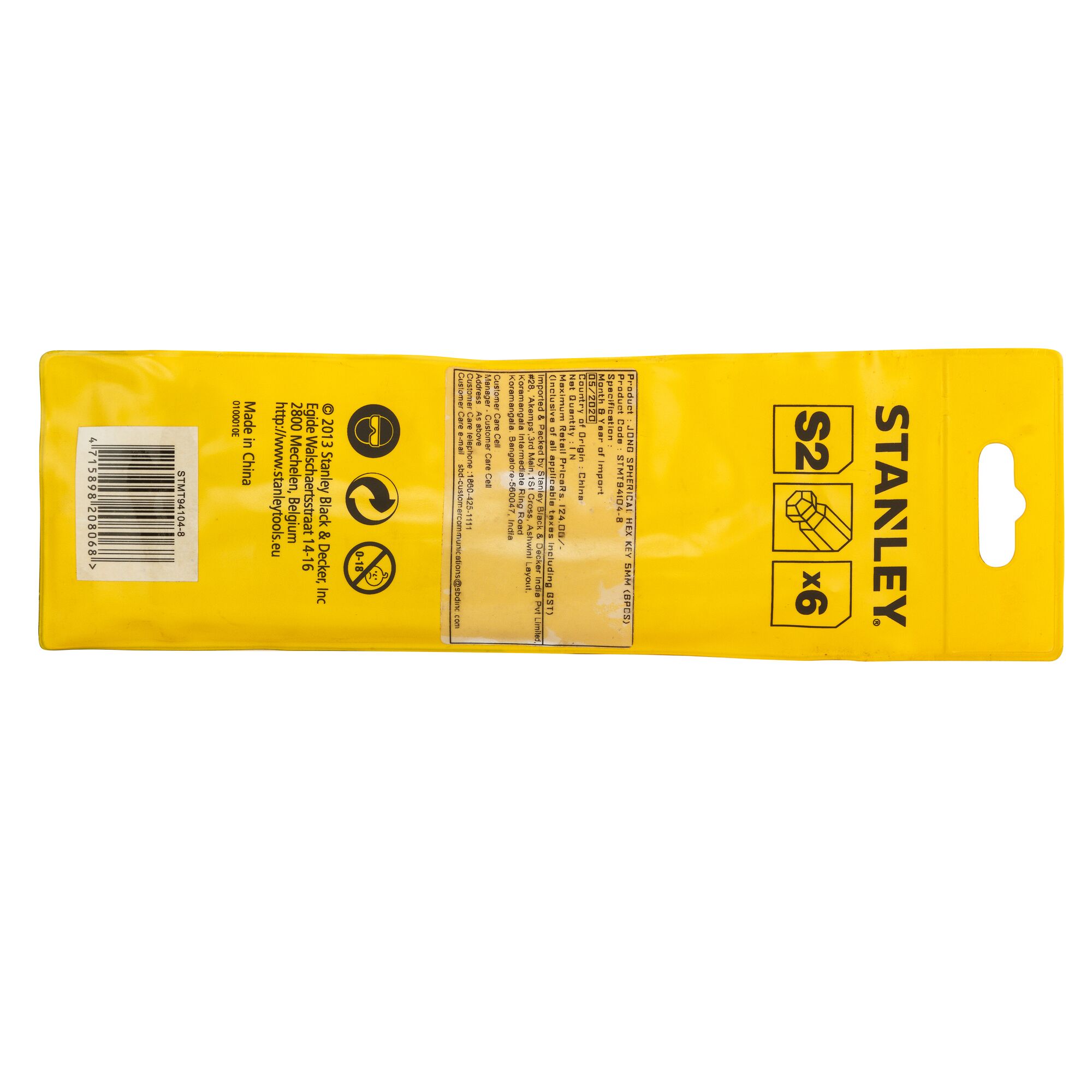 Photo of STANLEY STMT94104-8 yellow packaging for S2 x6 bits, rear view, barcode and product details visible.