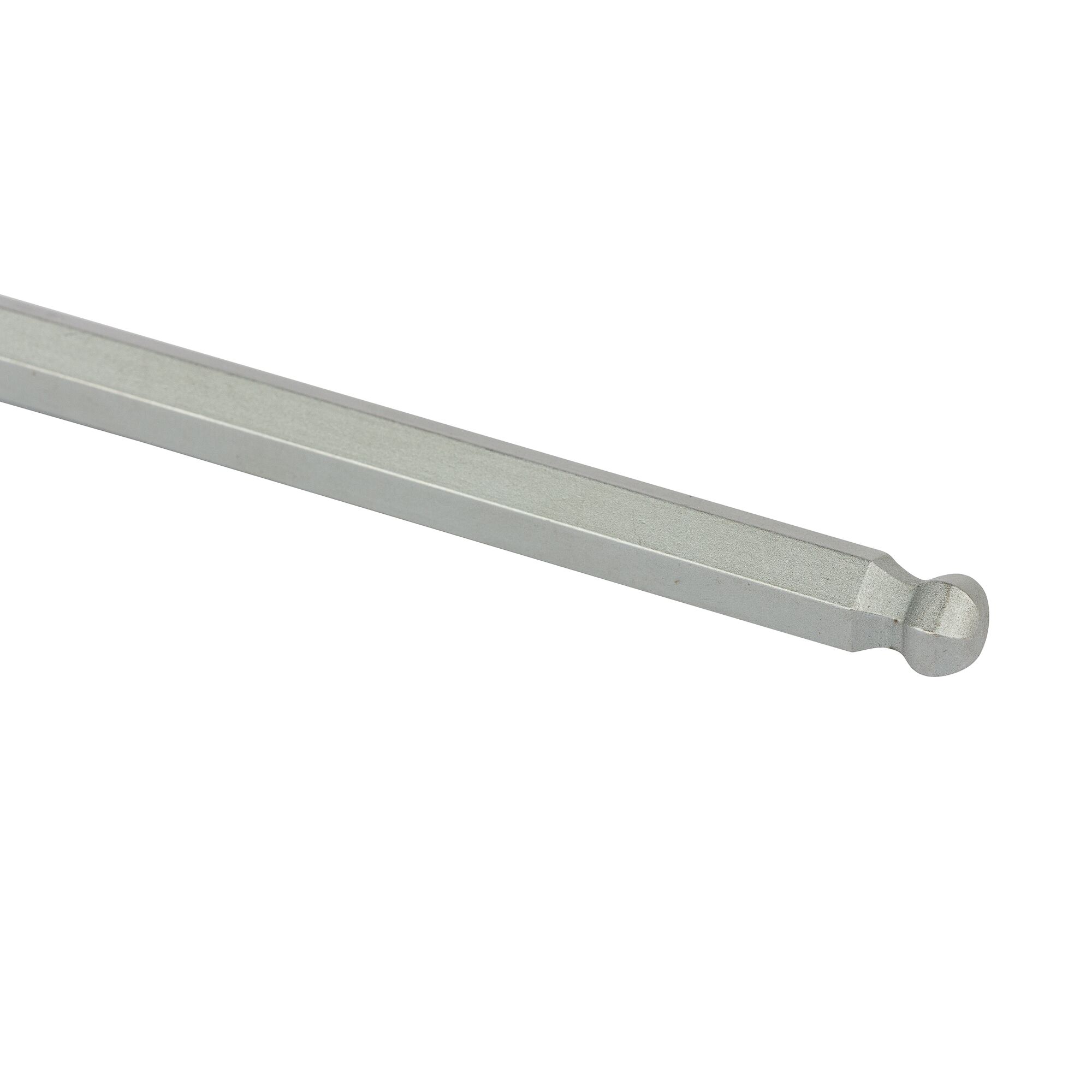 STANLEY STMT94108-8 hex key ball end close-up, silver metal, photography, angled on white background.