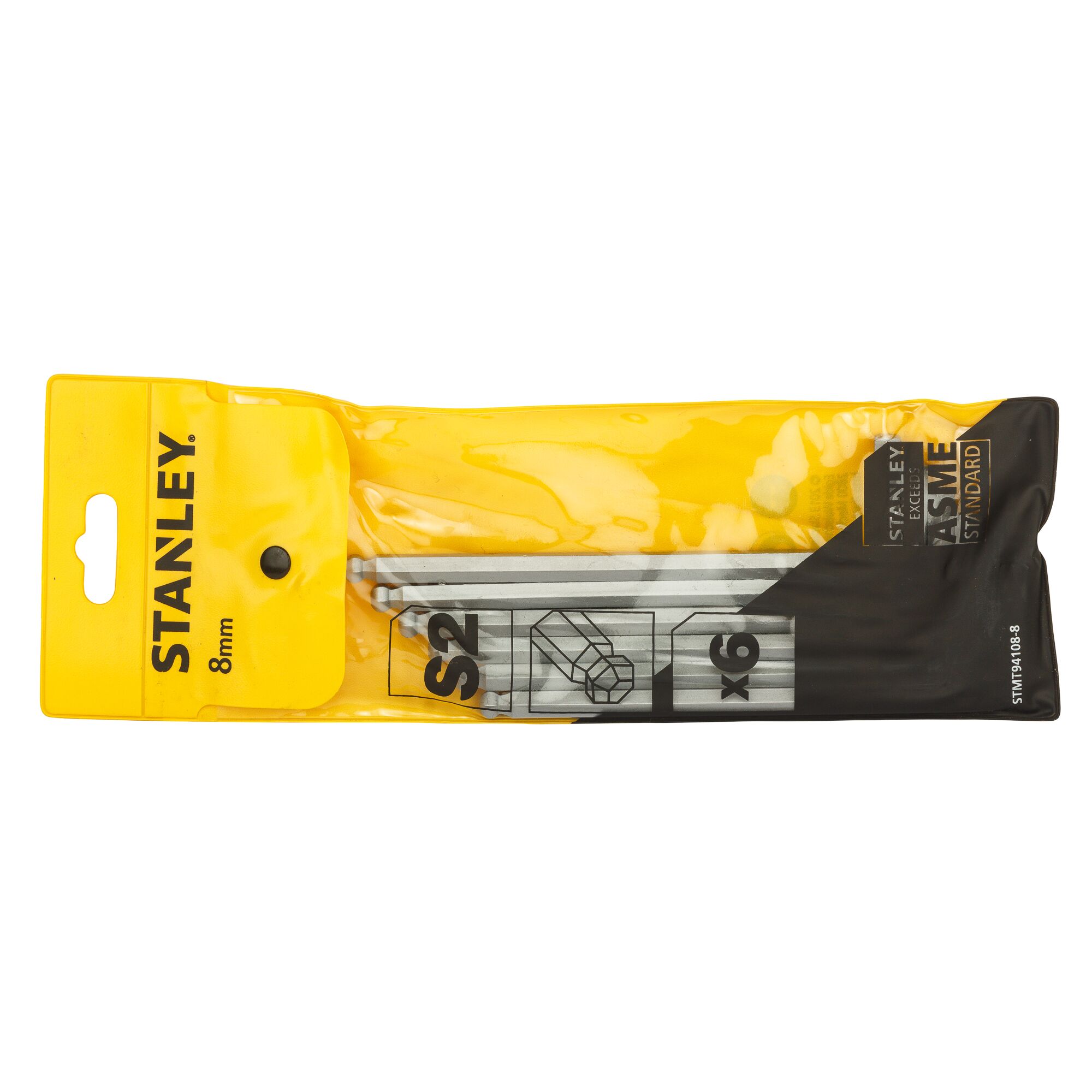 Photo of STANLEY STMT94108-8 8mm S2 screwdriver bits pack, yellow and black packaging, top view.