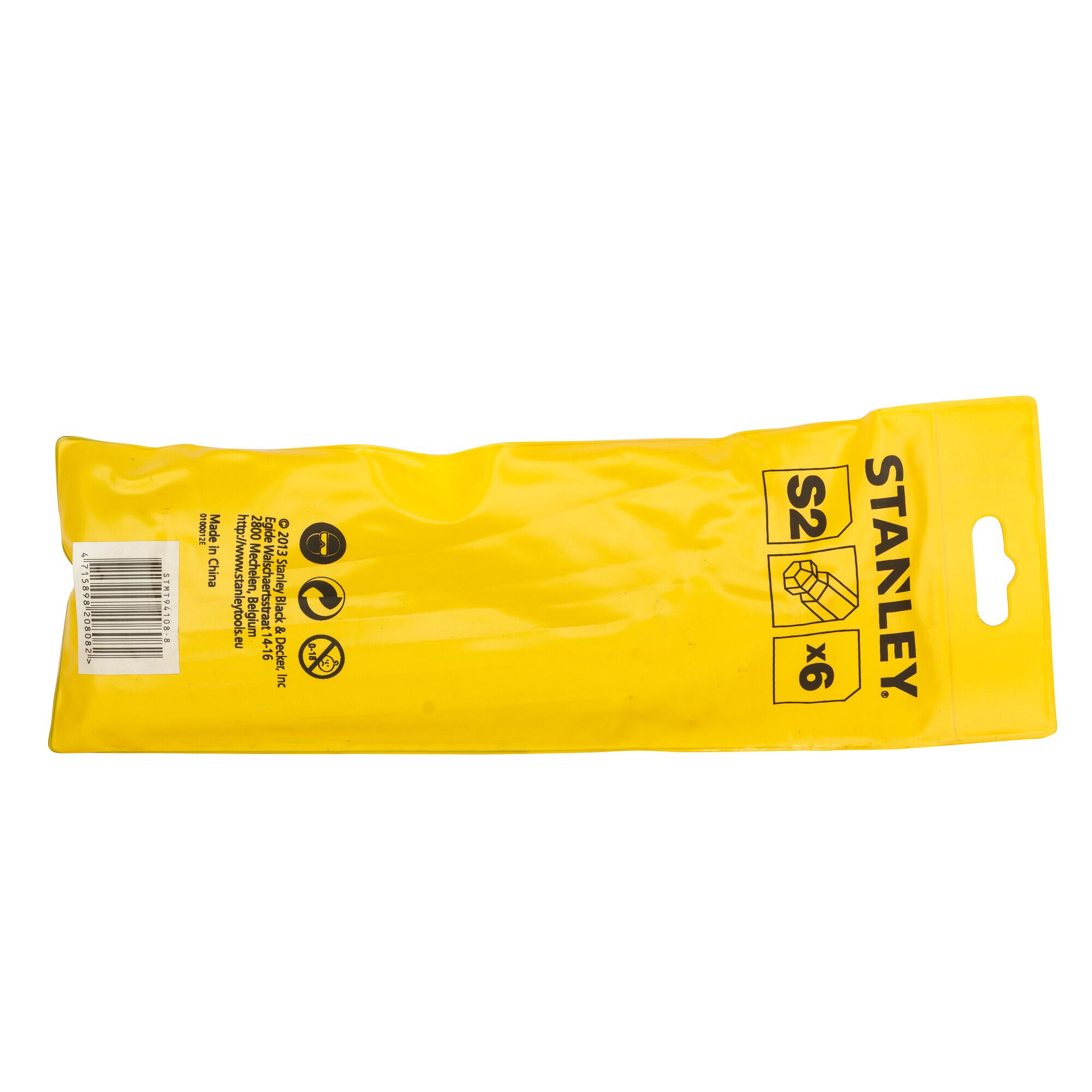 STANLEY STMT94108-8 yellow packaging, S2 x6 marking, rear view, product photography.