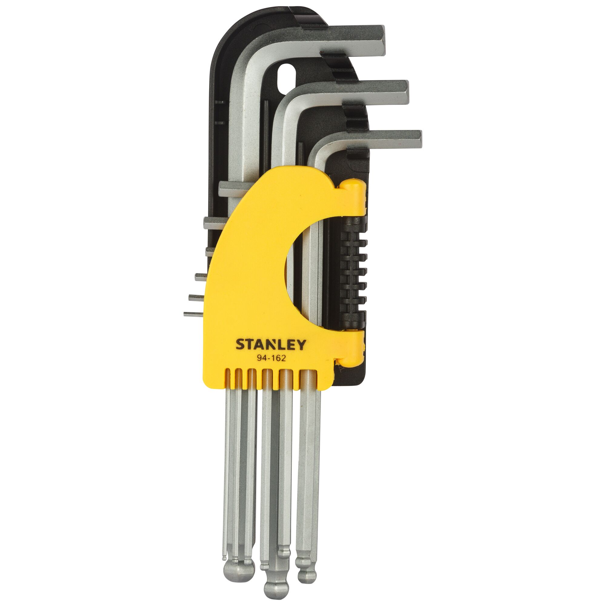 STANLEY STMT94162-8 hex key set with silver L-shaped wrenches in a yellow holder, front angle.