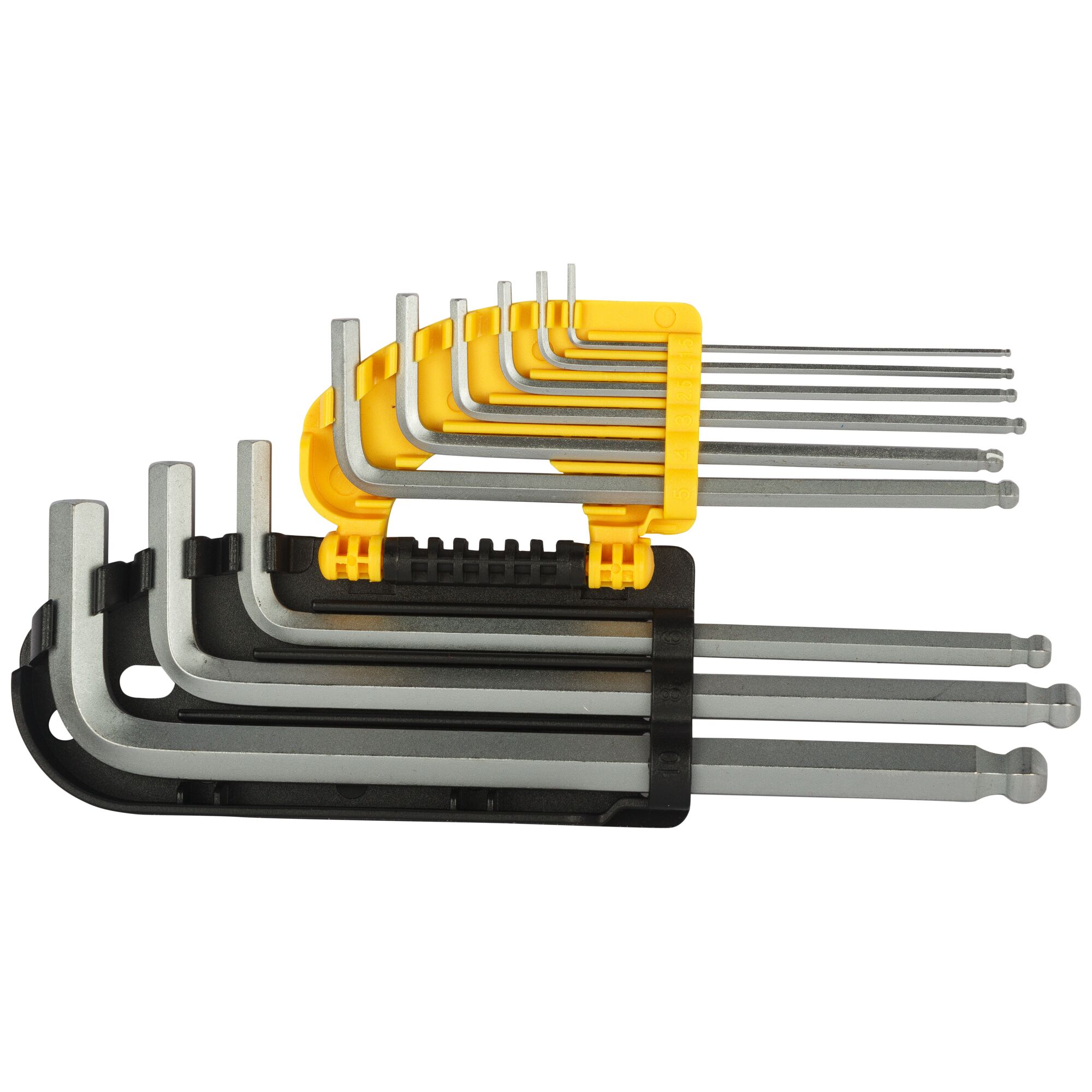 STANLEY STMT94162-8 hex key set with ball ends, silver finish, organized in yellow and black holders, side view.