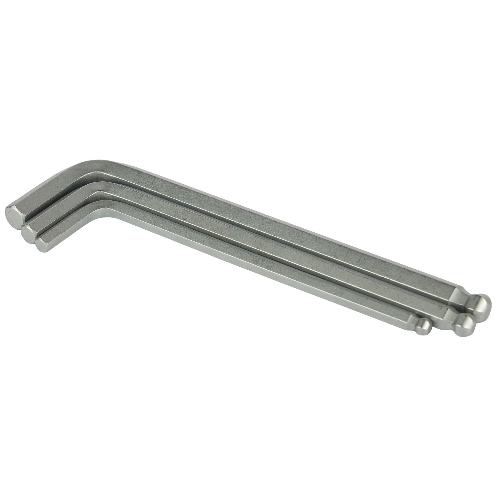STANLEY STMT94162-8 hex key set, three silver L-shaped wrenches, side angle, white background.