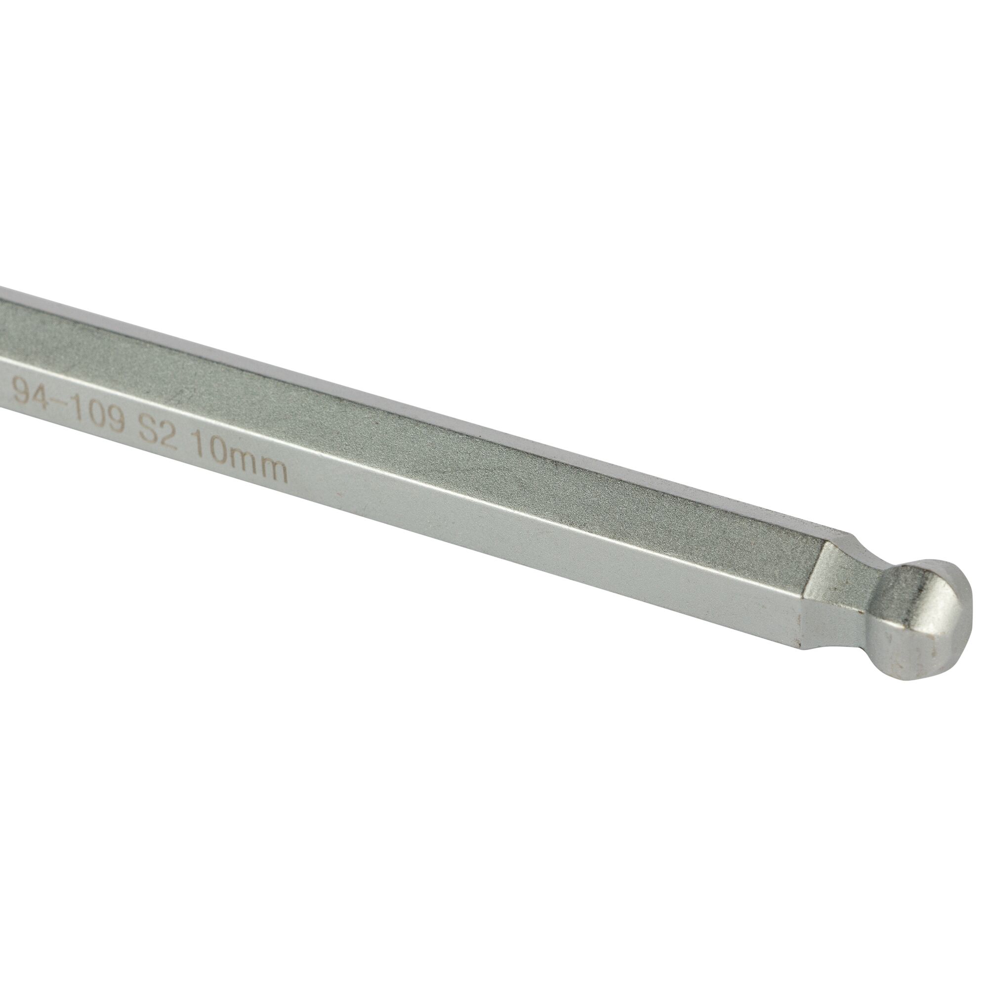 STANLEY STMT94162-8 silver hex key 10mm with ball end, side angle on white background.