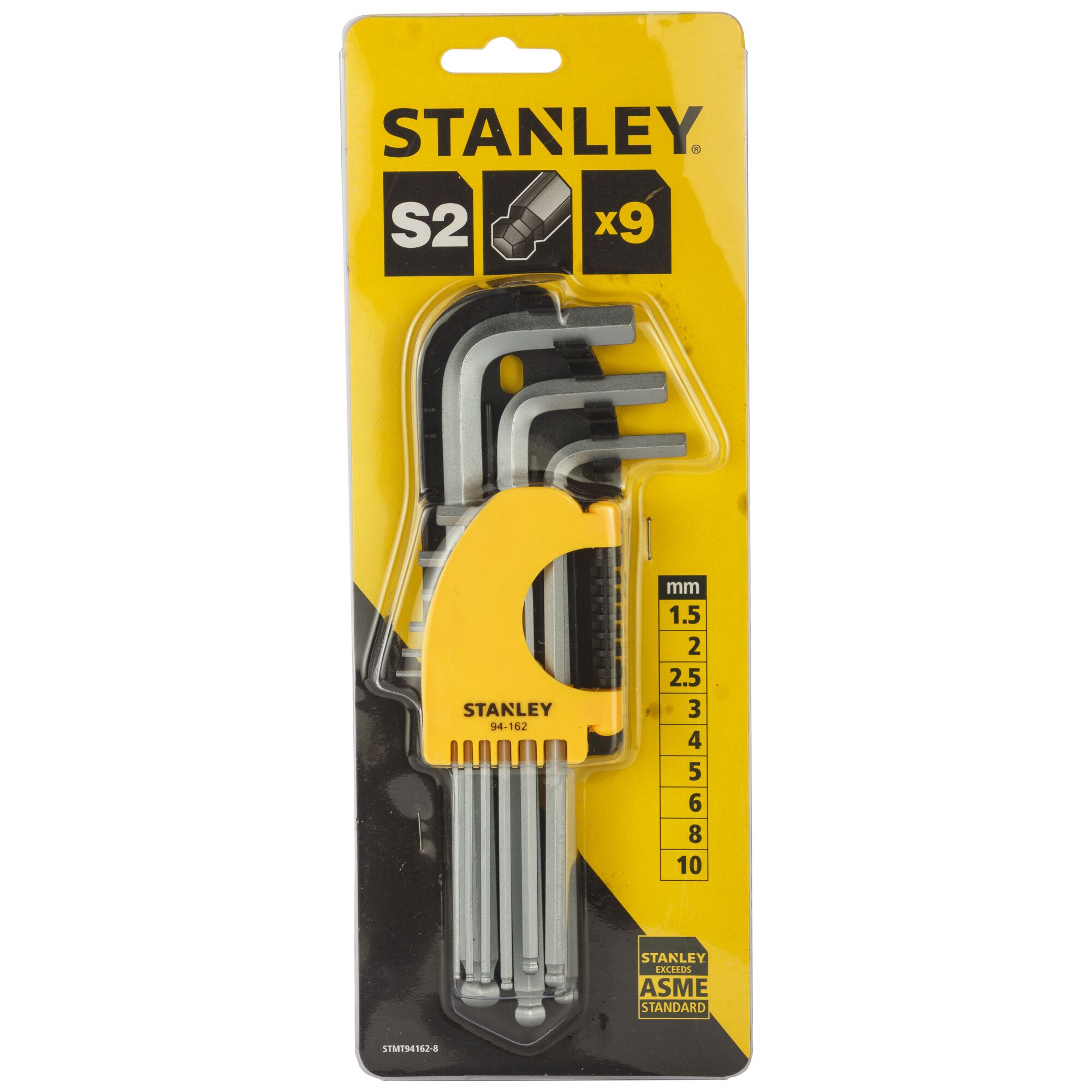 STANLEY STMT94162-8 hex key set, 9 pieces, yellow holder, front angle photo.