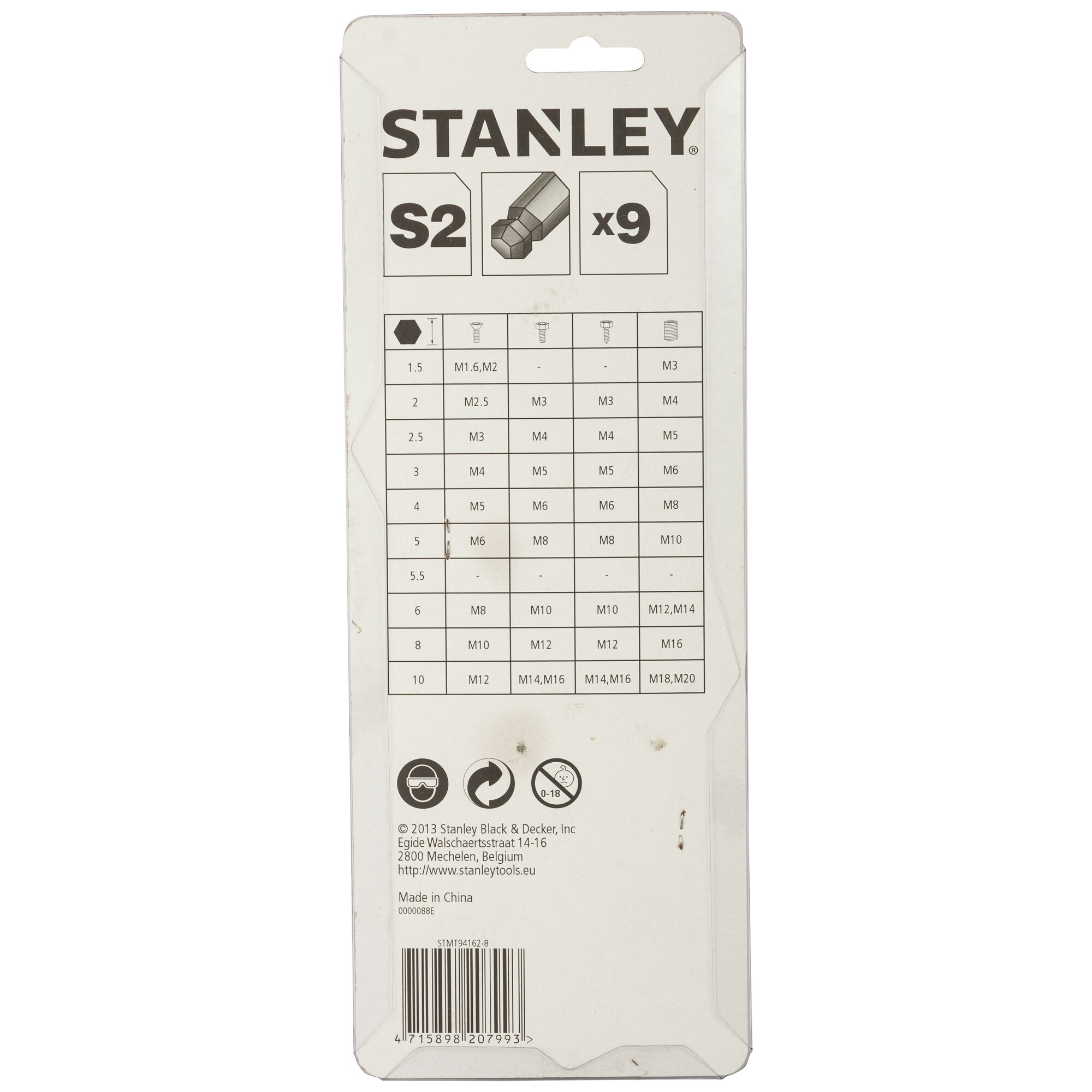 Stanley STMT94162-8 S2 x9 bit set packaging, back view showing compatibility chart, white background.