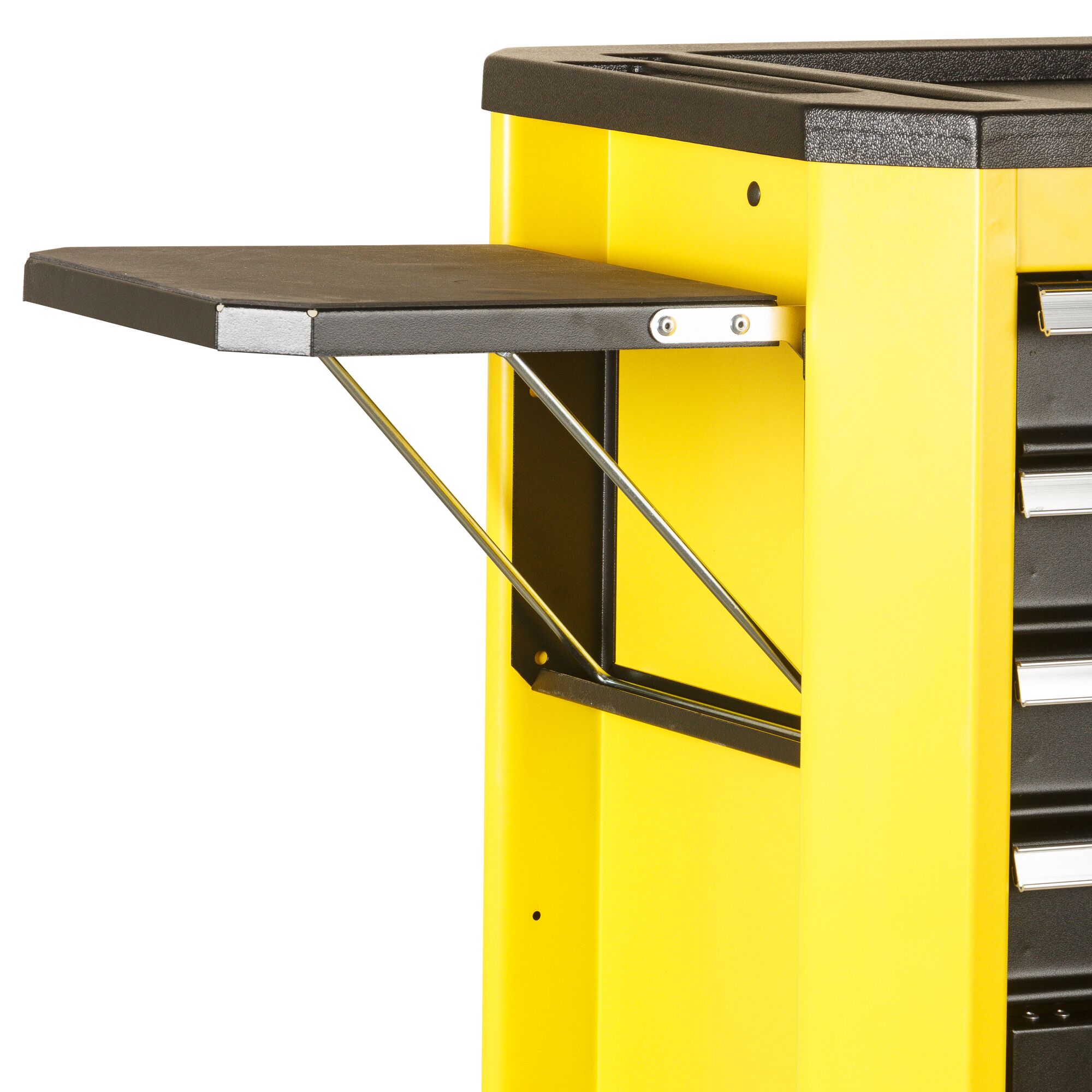 STANLEY STMT99069-8 tool cabinet side shelf, yellow metal, close-up angle.