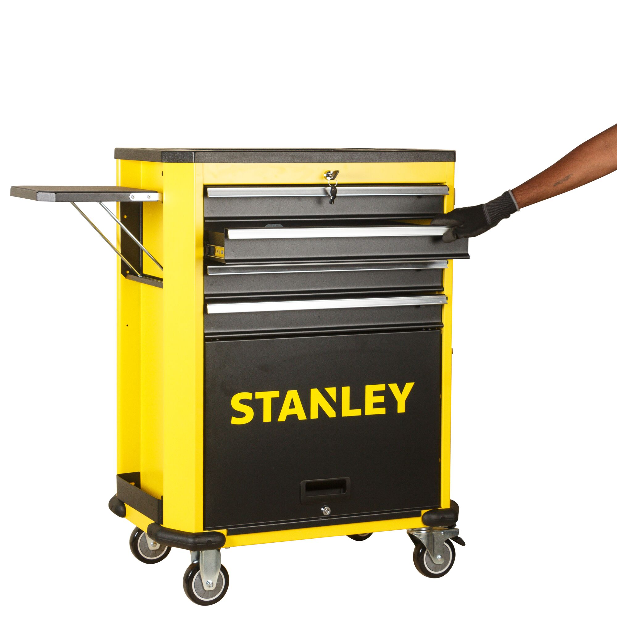 Stanley STMT99069-8 yellow and black rolling tool cabinet with open drawer, right-side angle.