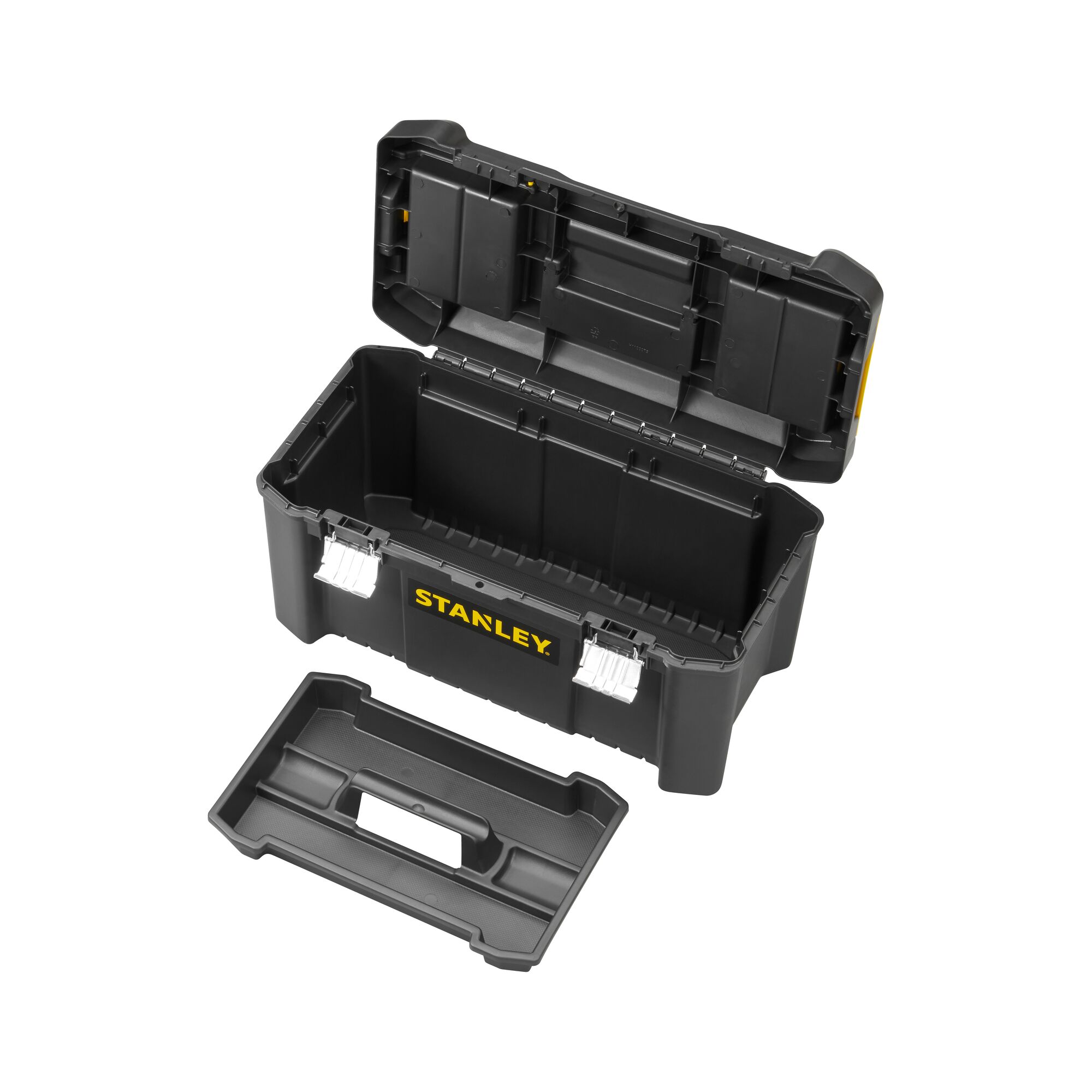 STANLEY STST1-75521 black plastic toolbox with open lid and removable tray, front angle on white background.