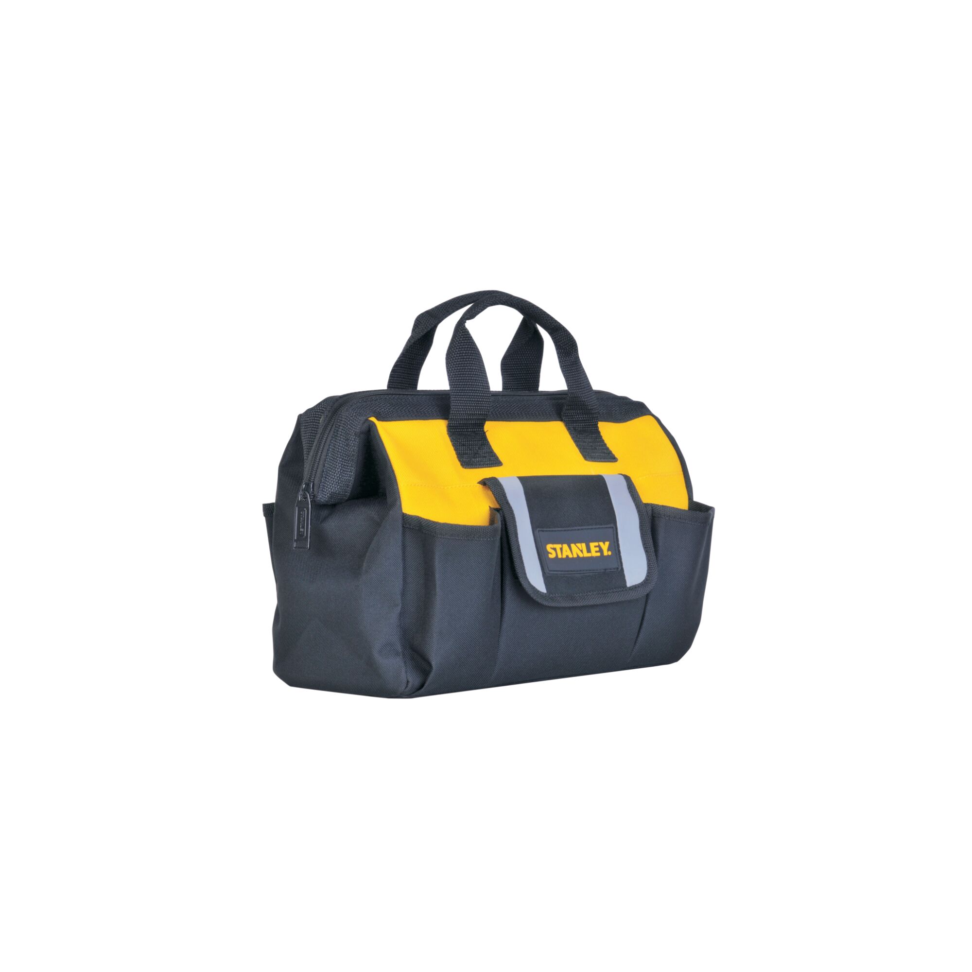STANLEY STST512114 tool bag, black and yellow, front angle, with handles and exterior pocket.