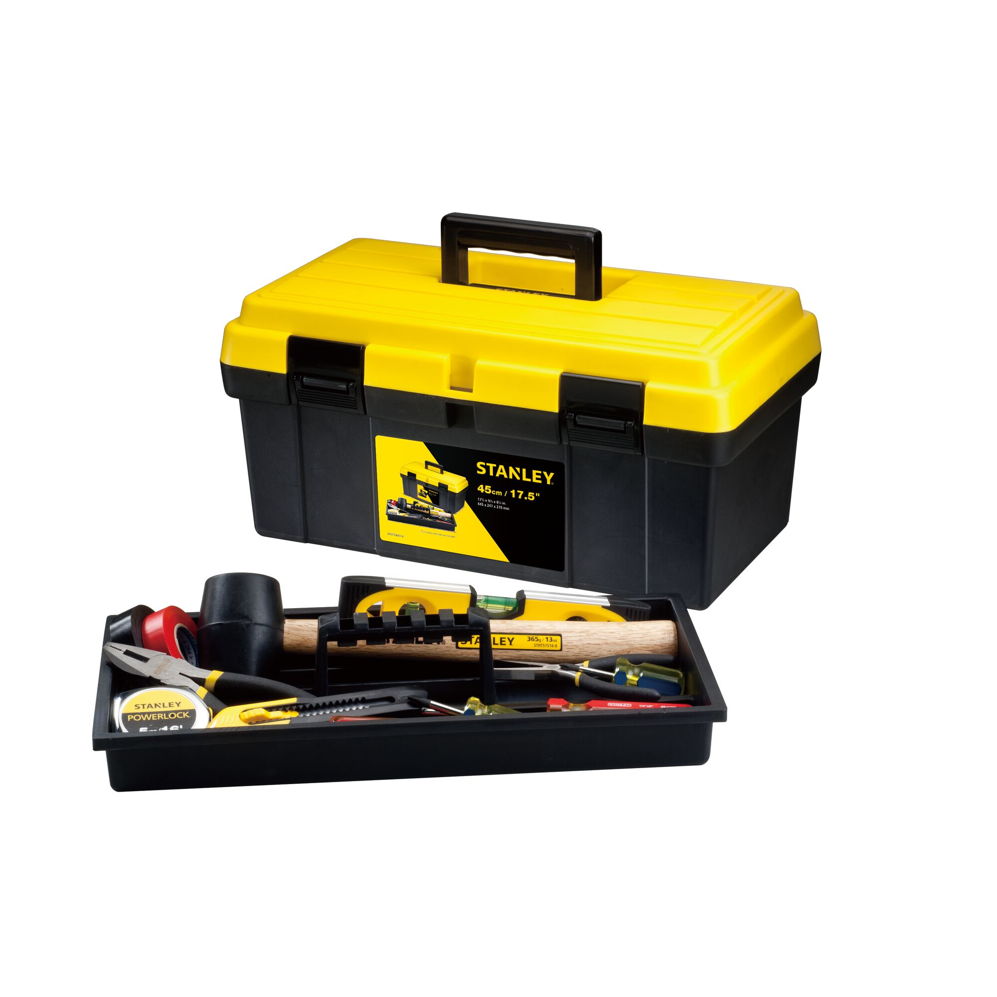 STANLEY STST73691-8 black and yellow toolbox with removable tray holding various hand tools, front angle, white background.