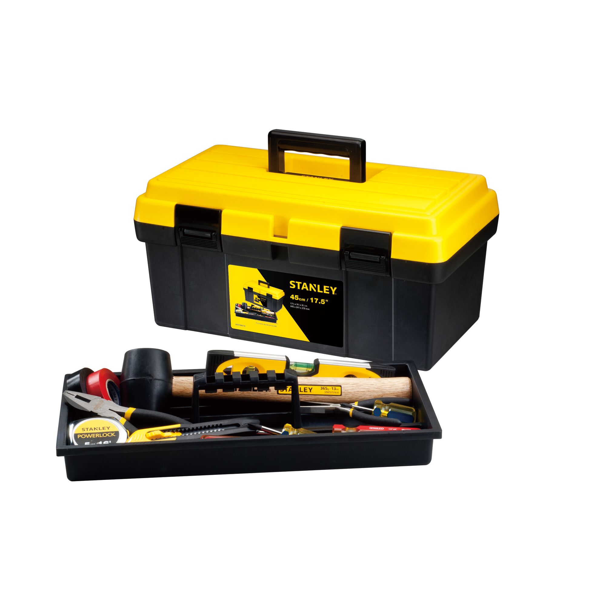 STANLEY STST73691-8 black and yellow toolbox with tray showing assorted hand tools, front angle, white background.