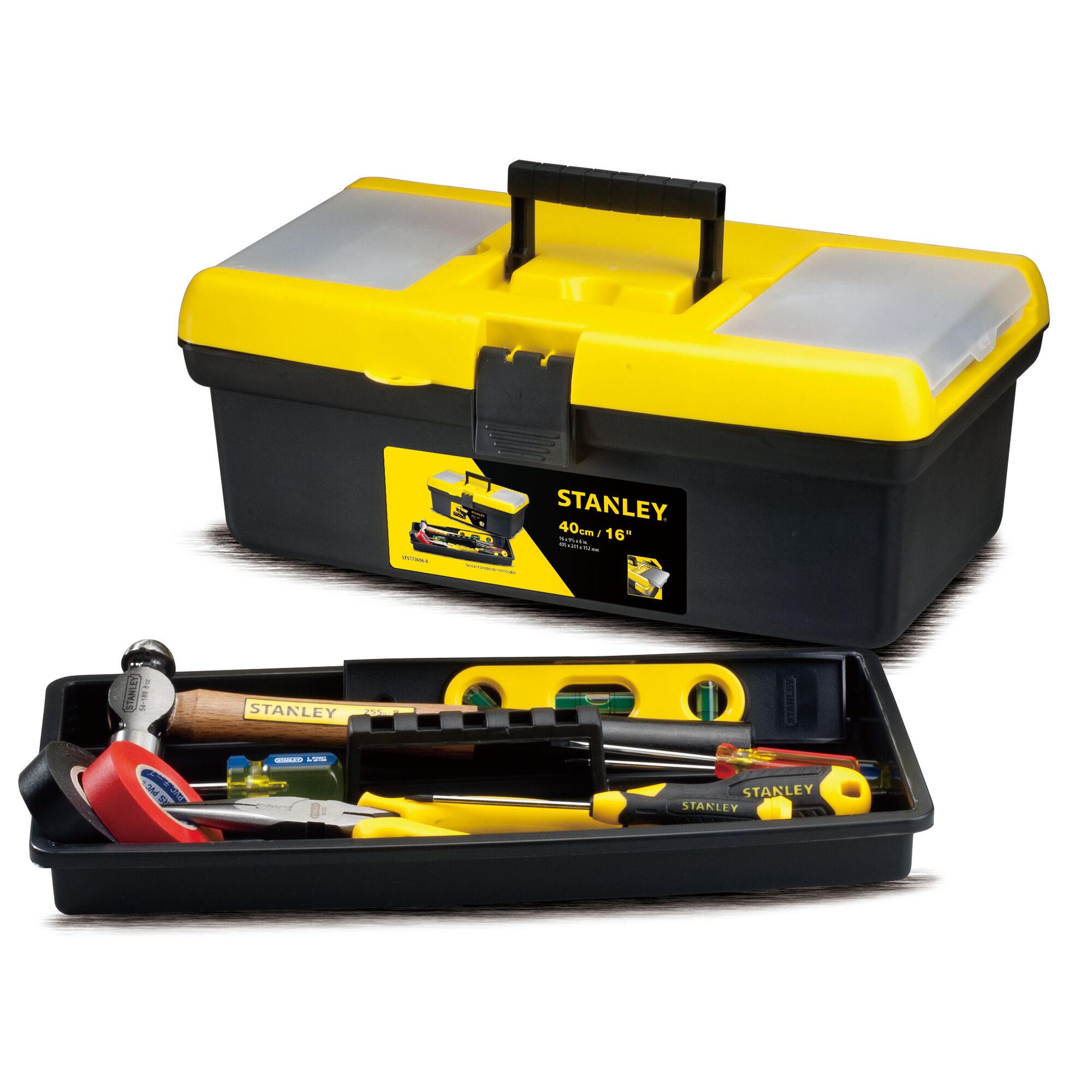 STANLEY STST73696-8 toolbox with yellow lid and black base, shown with open tray containing various hand tools.