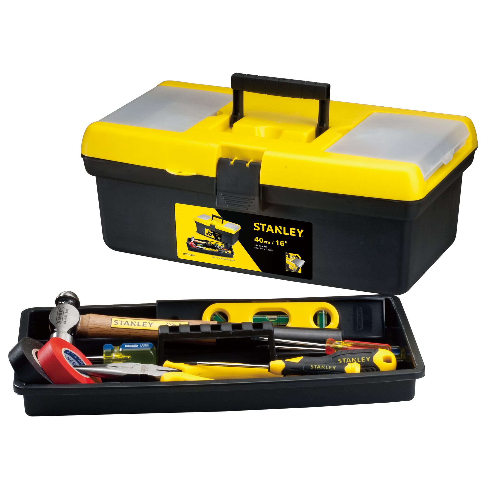 STANLEY STST73696-8 black and yellow toolbox with lid open, displaying assorted hand tools on removable tray, front angle.