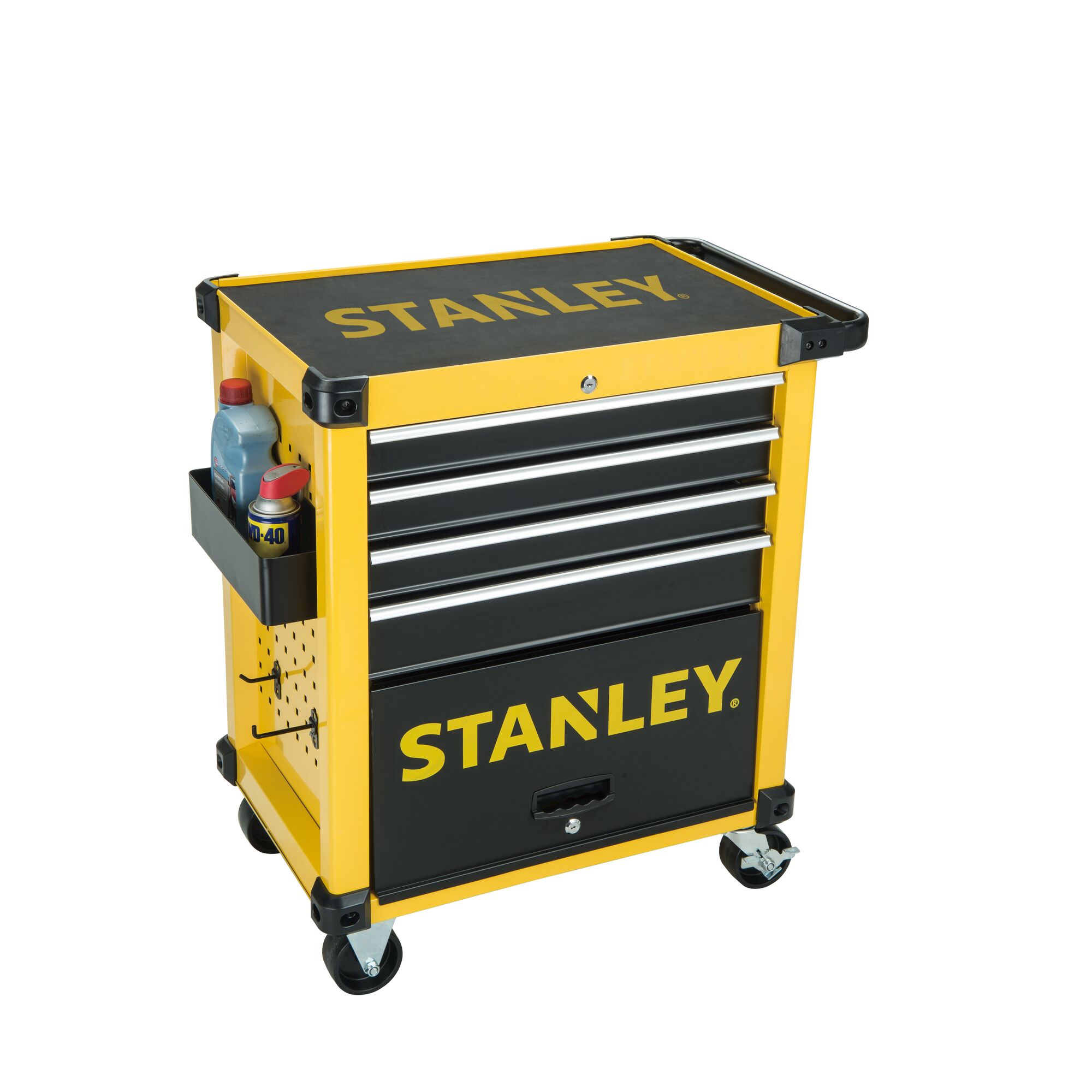 STANLEY STST74305-8 yellow and black rolling tool chest with four drawers and side storage, front angle photo.