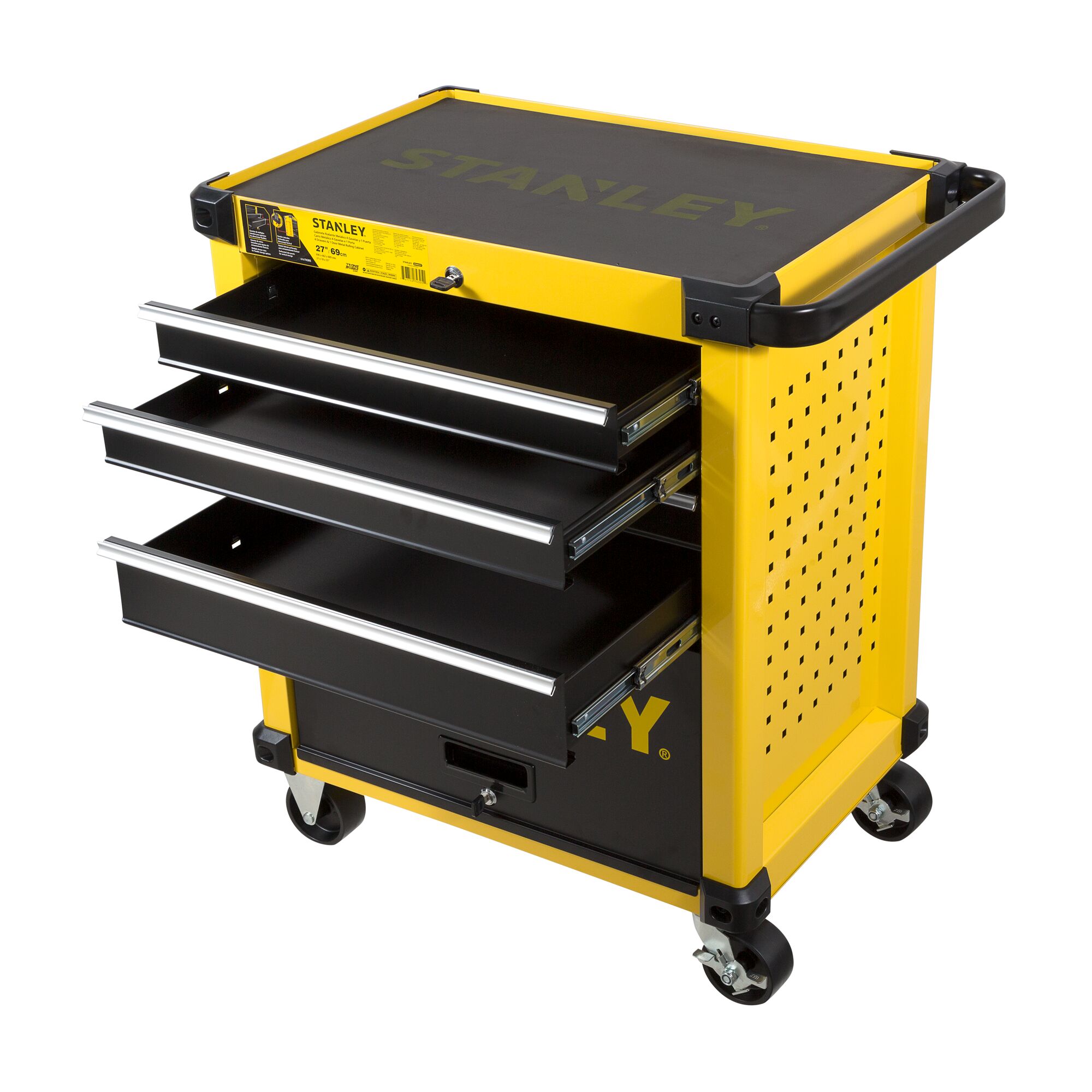 STANLEY STST74305-8 tool chest with three open drawers, yellow and black, photography, angled view.