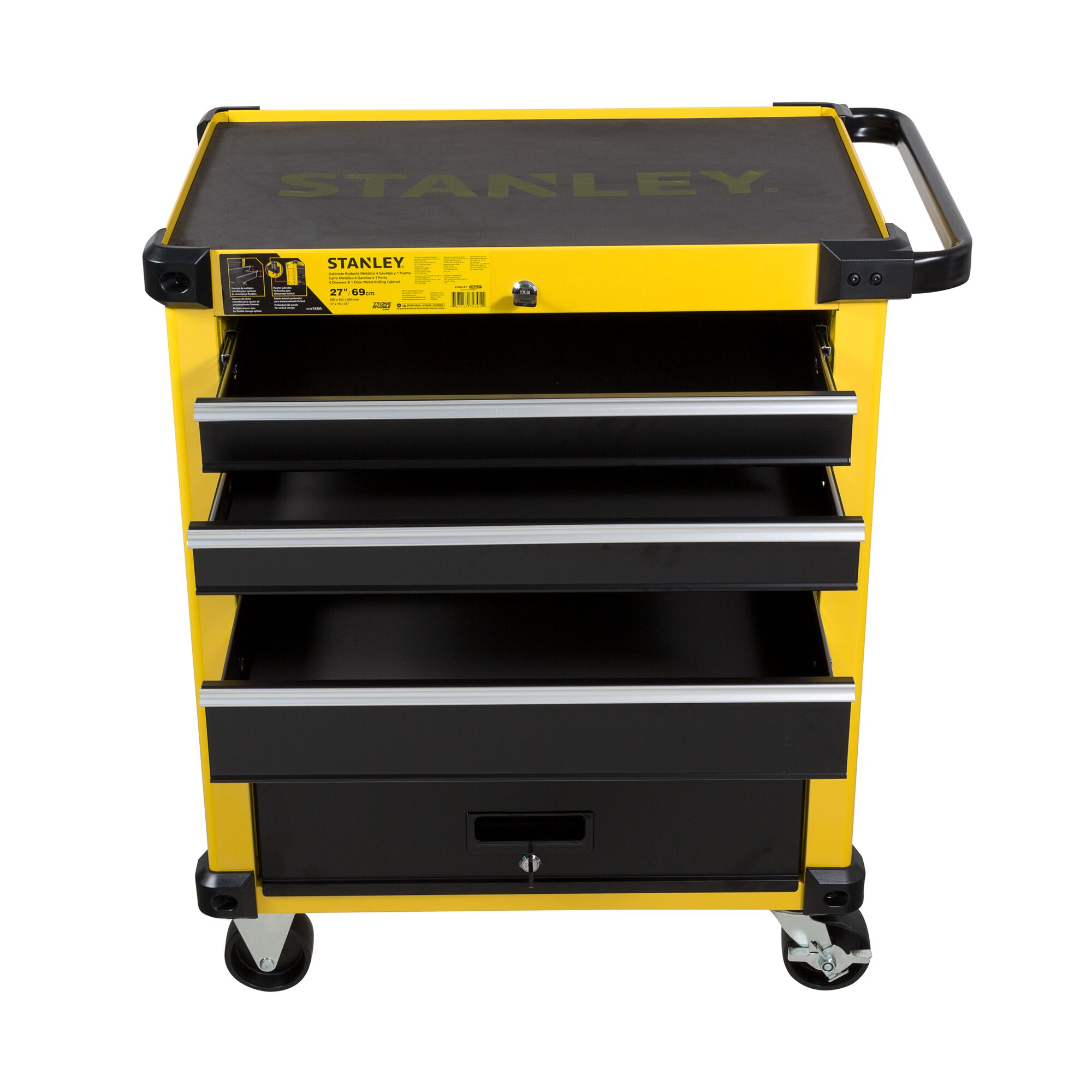 Stanley STST74305-8 tool storage cart, yellow and black, three open drawers, front angle photo.