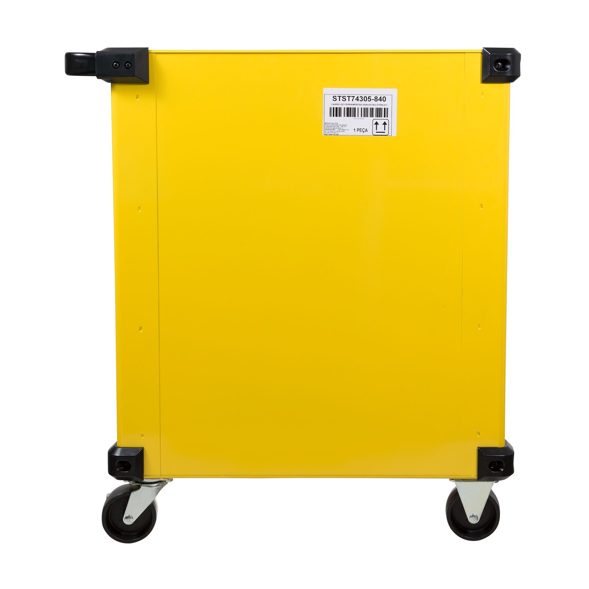 STANLEY STST74305-8 yellow rolling cabinet back view with barcode label, four wheels, studio photo.