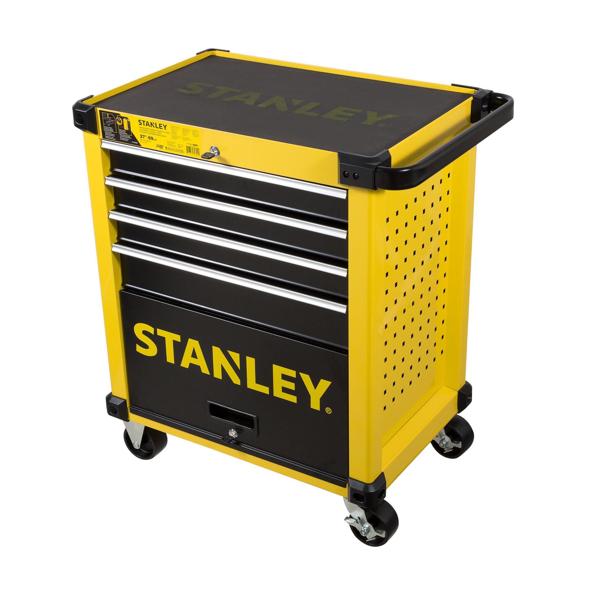 STANLEY STST74305-8 yellow and black rolling tool cabinet with drawers, front angle.