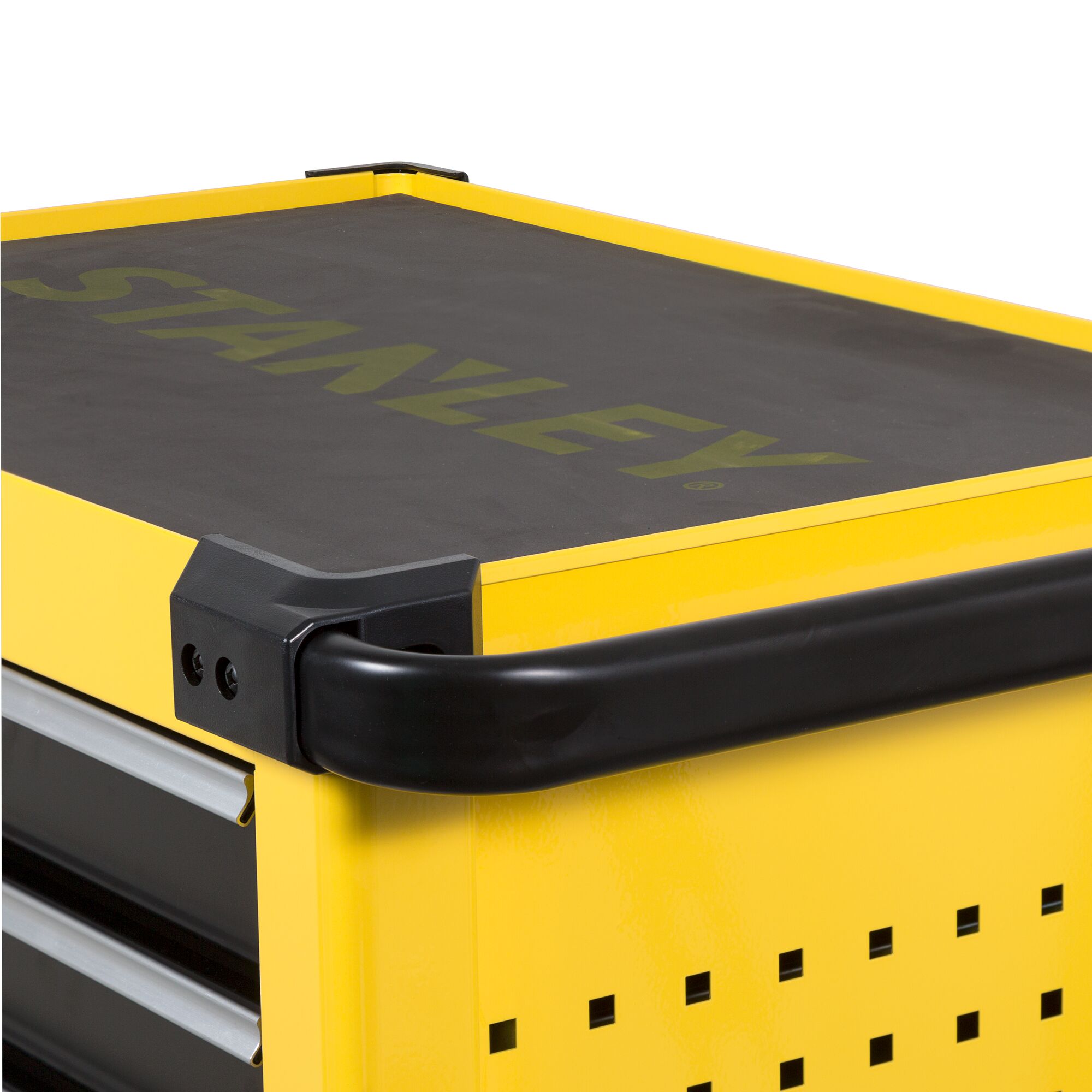 Photo of STANLEY STST74305-8 yellow tool chest top corner, black handle, perforated side panel.