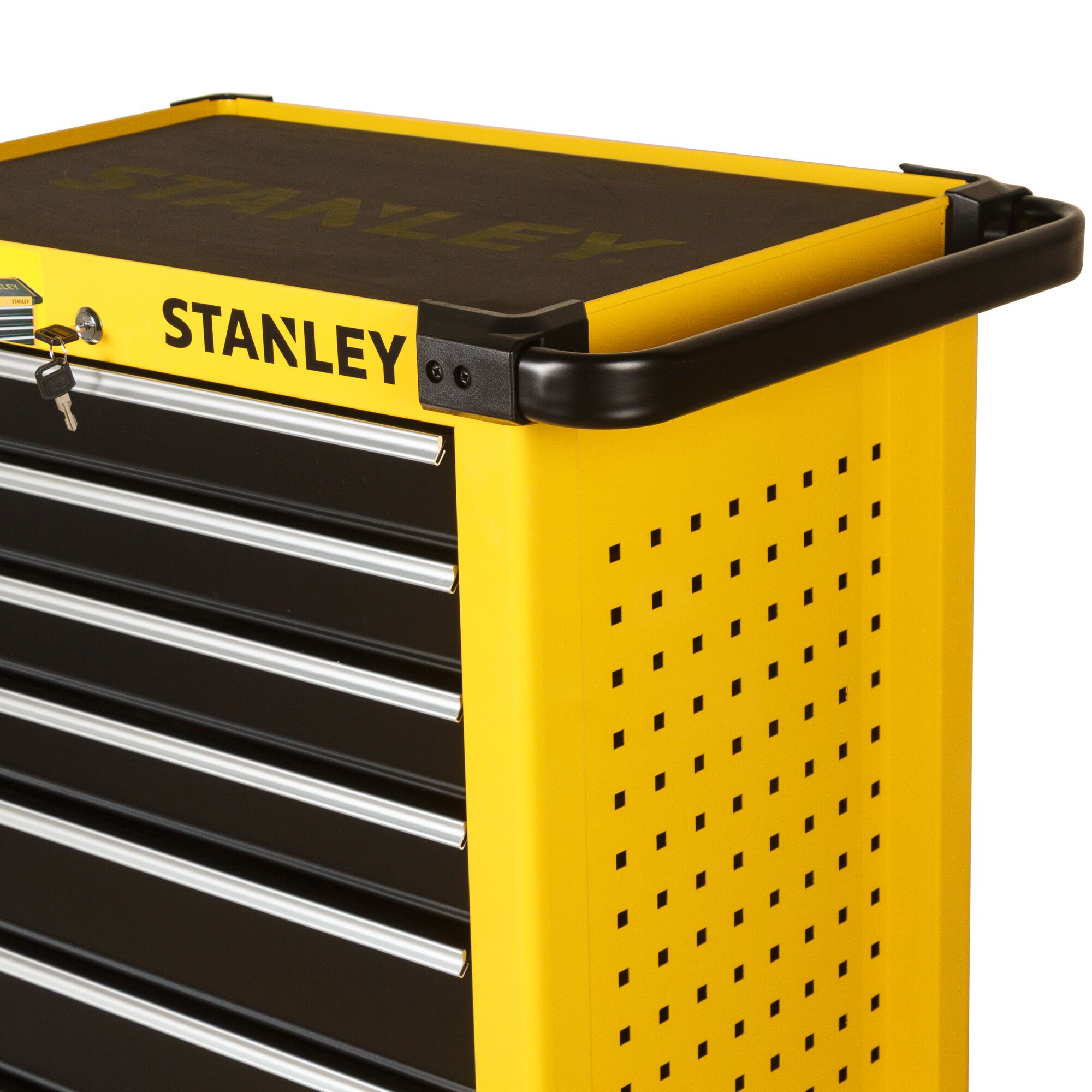 STANLEY STST74306-8 yellow and black tool chest, side view, showing metal drawers and side perforations.